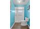 Bathroom featuring a walk-in shower, toilet, grab bars, and blue walls with decorative paintings at 5771 Macaw Pl, Lakeland, FL 33809