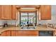Kitchen sink and granite countertop with pool views from the window at 5819 Hollyhock Dr, Lakeland, FL 33813