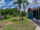 Landscaped backyard featuring a screen room, palm tree, partial fencing, and a lush lawn at 7150 Orange Way, Lakeland, FL 33810