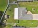 Overhead shot showcases the home's backyard, shed, white fence, and proximity to street and neighbor at 8219 Rangers Path, Lakeland, FL 33809