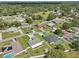 An aerial view features houses in a suburban neighborhood with backyard pools and tree-lined streets at 8219 Rangers Path, Lakeland, FL 33809