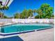 Sparkling community pool surrounded by palm trees and lounge chairs under a clear blue sky at 804 Soft Pine Ct, New Smyrna Beach, FL 32168