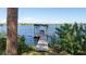 Scenic view of a wooden dock with a covered area and bench seating, providing a tranquil space on the water at 1949 Bayview Dr, New Smyrna Beach, FL 32168