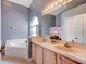 Bathroom featuring a double vanity, large mirror, tub, and a window with natural light at 1277 Harms Way, Port Orange, FL 32129