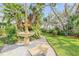 Expansive backyard featuring lush green grass, mature trees, a charming fountain, and a bench at 4946 Halifax Dr, Port Orange, FL 32127