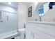 Bathroom with shower, toilet, and white vanity at 3855 S Atlantic Ave # 1105, Daytona Beach Shores, FL 32118