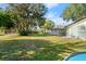 Spacious backyard with above ground pool, shed and mature trees at 729 N Flamingo Dr, Daytona Beach, FL 32117