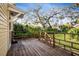 Spacious back deck with wooden railings, overlooking a lush, private backyard at 608 Magnolia St, New Smyrna Beach, FL 32168