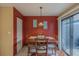 Dining area with wooden table and chairs, red accent wall, and patio access at 980 Canal View Blvd # C7, Port Orange, FL 32129