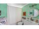 Clean bathroom with mint green walls and white vanity at 504 N Riverside Dr, New Smyrna Beach, FL 32168