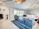 Living area with white sofas, blue rug, and fireplace at 6345 River Rd, New Smyrna Beach, FL 32169