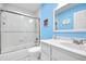 Bathroom with blue walls, white vanity, and tub shower combo at 806 E 21St Ave, New Smyrna Beach, FL 32169