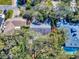 High-angle aerial shot of homes shaded by trees, showcasing a community with private pools and close proximity to amenities at 808 E 19Th Ave, New Smyrna Beach, FL 32169