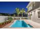 Backyard view of pool with brick border surrounded by fence, green plants, and palm trees at 13 Arena Blanca, Ponce Inlet, FL 32127