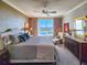 Bedroom featuring an upholstered headboard, ceiling fan, and waterfront view at 231 Riverside Dr # 1509-1, Holly Hill, FL 32117