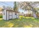 Backyard view with a shed, grassy area, and wooden fence, providing ample outdoor storage and space at 3003 Tamarind Dr, Edgewater, FL 32141