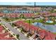 Community aerial view showcasing townhomes, a lake and other amenities, including a nearby shopping center at 3546 Casalta Cir, New Smyrna Beach, FL 32168