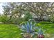 Landscaped front yard with mature trees and tropical foliage in front of a single Gathering home at 4426 Saxon Dr, New Smyrna Beach, FL 32169
