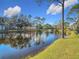 Scenic view of the pond with a fountain, surrounded by green grass, trees and blue sky at 448 Shorewood Ln, New Smyrna Beach, FL 32168