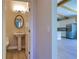 Bathroom featuring a modern pedestal sink and wood-look floors at 1100 Loch Linnhe Ct, New Smyrna Beach, FL 32168