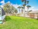 A well-maintained, grassy backyard features a wood fence and palm trees for privacy at 1175 Margina Ave, Daytona Beach, FL 32114