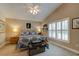 Comfortable bedroom with patterned bedding, ceiling fan and natural light from plantation shutters at 1502 Areca Palm Dr, Port Orange, FL 32128