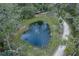 Aerial view of a pond with fountain and a rustic pergola at 2995 Ragis Rd, Edgewater, FL 32132