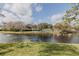 Scenic backyard pond view from property showcasing serene waters, lush greenery, and neighborhood charm at 456 Shorewood Ln, New Smyrna Beach, FL 32168