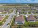 Aerial view of a residential area with homes, green spaces, and a lake in the distance at 512 Romdini St, New Smyrna Beach, FL 32168