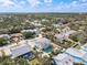 Wide aerial shot showcasing a residential neighborhood with swimming pools, lush landscaping, and various home styles at 910 Maple St # A & B, New Smyrna Beach, FL 32169