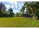 Large grassy backyard with a view of tropical foliage and a serene pond at 526 Powers Ave, Port Orange, FL 32127