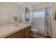 Bathroom with tile floors, shower and tub combo, and matching vanity at 5424 Frederick Lake Dr, Port Orange, FL 32128