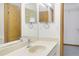 Bright bathroom with double mirrors, neutral countertop, sink and wood door to storage area at 55 Bay Harbour Dr, Ponce Inlet, FL 32127