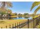 Scenic backyard view overlooking a serene pond, enclosed by an elegant black iron fence at 6049 Sabal Hammock Cir, Port Orange, FL 32128