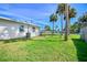 View of the backyard with manicured lawn, white exterior walls, and mature palm trees at 902 Conrad Dr, New Smyrna Beach, FL 32168