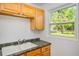 Kitchen details highlighting a stainless steel sink, wood cabinets, and backyard views at 902 Conrad Dr, New Smyrna Beach, FL 32168
