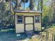 Backyard storage shed featuring neutral colors, a secure door, and windows for natural light and ventilation at 1136 Elizabeth St, New Smyrna Beach, FL 32168
