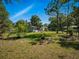 View of the backyard showing a shed and grassy yard area, shaded by mature trees, creating a serene outdoor space at 1370 Jane Lacey Ln, New Smyrna Beach, FL 32168