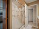 A unique glass shower with a decorative etched design is the highlight of this bathroom at 1370 Jane Lacey Ln, New Smyrna Beach, FL 32168