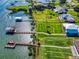 Aerial shot of waterfront properties featuring lush lawns, private docks, and serene water views at 2019 S Riverside, Edgewater, FL 32141