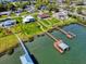 Aerial view featuring waterfront homes, lush landscaping, and boat docks at 2019 S Riverside, Edgewater, FL 32141