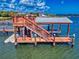 Waterfront dock featuring a boat lift, covered area, and elevated deck perfect for enjoying the scenic views at 2019 S Riverside, Edgewater, FL 32141