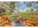 Backyard features a fire pit and view of the serene lake, with a covered dock at 2533 Glenhaven St, New Smyrna Beach, FL 32168