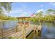 Beautiful wooden dock overlooking the lake with a covered seating area with chairs and flag, perfect for relaxing at 2533 Glenhaven St, New Smyrna Beach, FL 32168