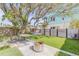 A charming backyard oasis for relaxing, with a table, fire pit, and privacy fencing at 301 N Cooper St, New Smyrna Beach, FL 32169