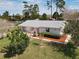 An aerial view of a single Gathering residence with fresh landscaping in a lush residential neighborhood at 403 Wildwood Dr, Edgewater, FL 32132