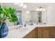 Bathroom with double sink vanity, wood cabinets, quartz countertop, and large plant at 7 Riverwalk Dr # 206, New Smyrna Beach, FL 32169