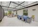 Enclosed patio features a dining table and comfortable seating, creating a relaxing outdoor space at 2921 India Palm Dr, Edgewater, FL 32141