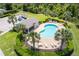 An aerial view of a kidney-shaped community pool surrounded by palm trees and green landscape at 532 White Coral Ln, New Smyrna Beach, FL 32168