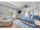 Bright main bedroom with a ceiling fan, large window with waterfront views, and a sitting area at 1212 Commodore Dr, New Smyrna Beach, FL 32168
